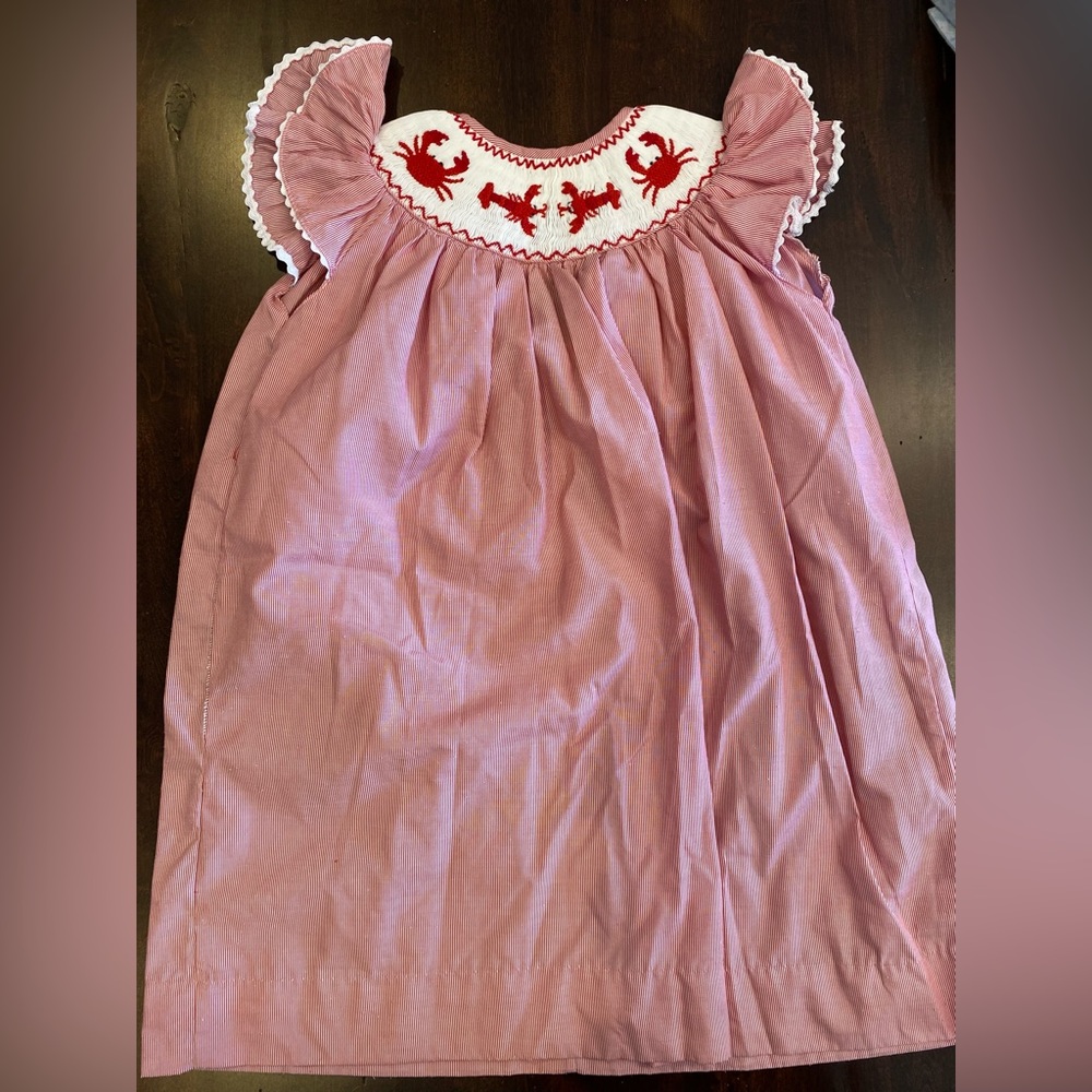 Dibble Dabble size 3 red striped crab smocked dress